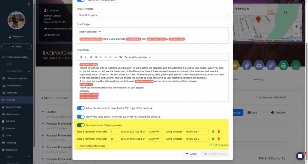 Automated follow ups on proposals in SynkedUP for landscape contractors