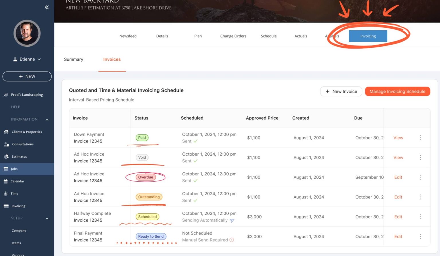 SynkedUP software displaying a list of invoices with various statuses such as "Paid, Void, Overdue, Outstanding", helping contractors easily track billing progress and manage cashflow.